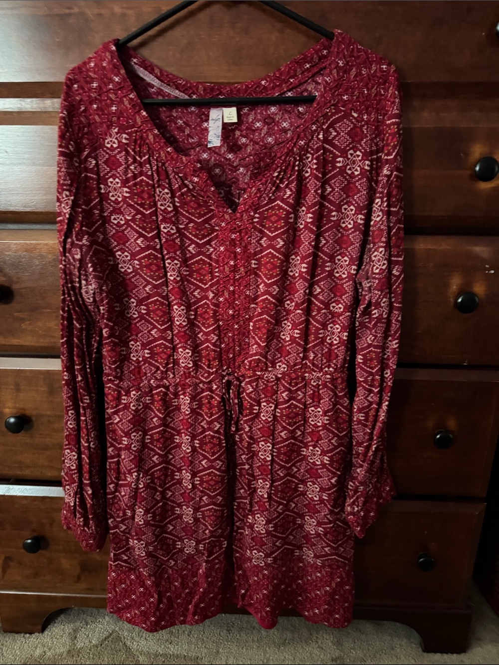Alya Burgundy Patterned Long Sleeve Drawstring Tunic Dress